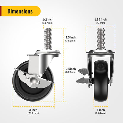 3 in Stem Casters Black Side Brake 1/2" -13 x 1-1/2"