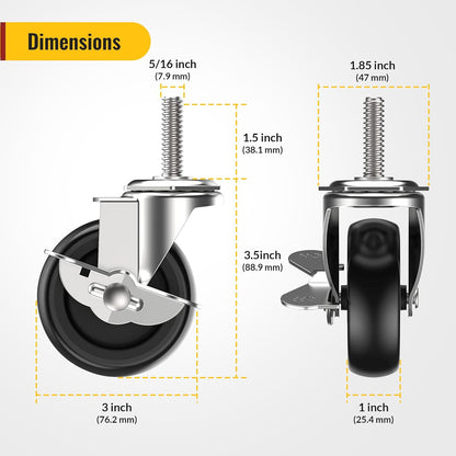 3 in Stem Casters Black Side Brake 5/16" -18 x 1-1/2"