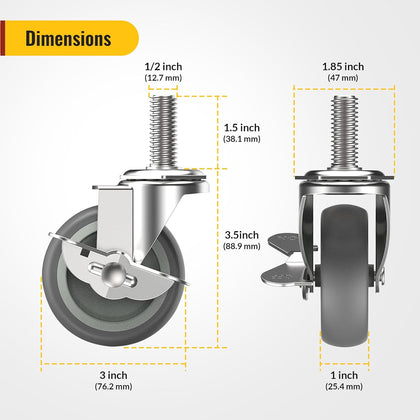 3 in Stem Casters Grey Side Brake 1/2