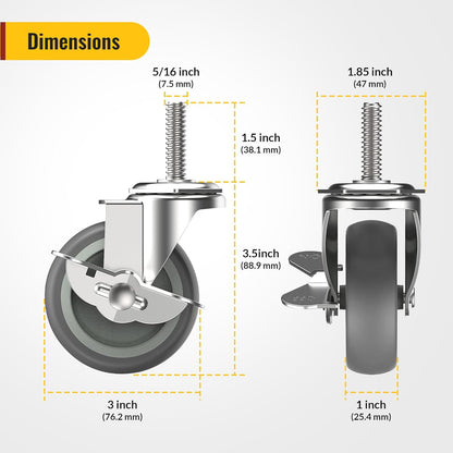 3 in Stem Casters Grey Side Brake 5/16" -18 x 1-1/2"