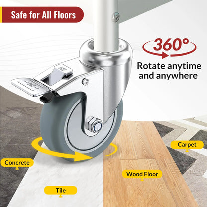 3" grip ring stem caster wheel with total lock brake and TPR material wheel safety on all floors and 360-degree rotation capability.