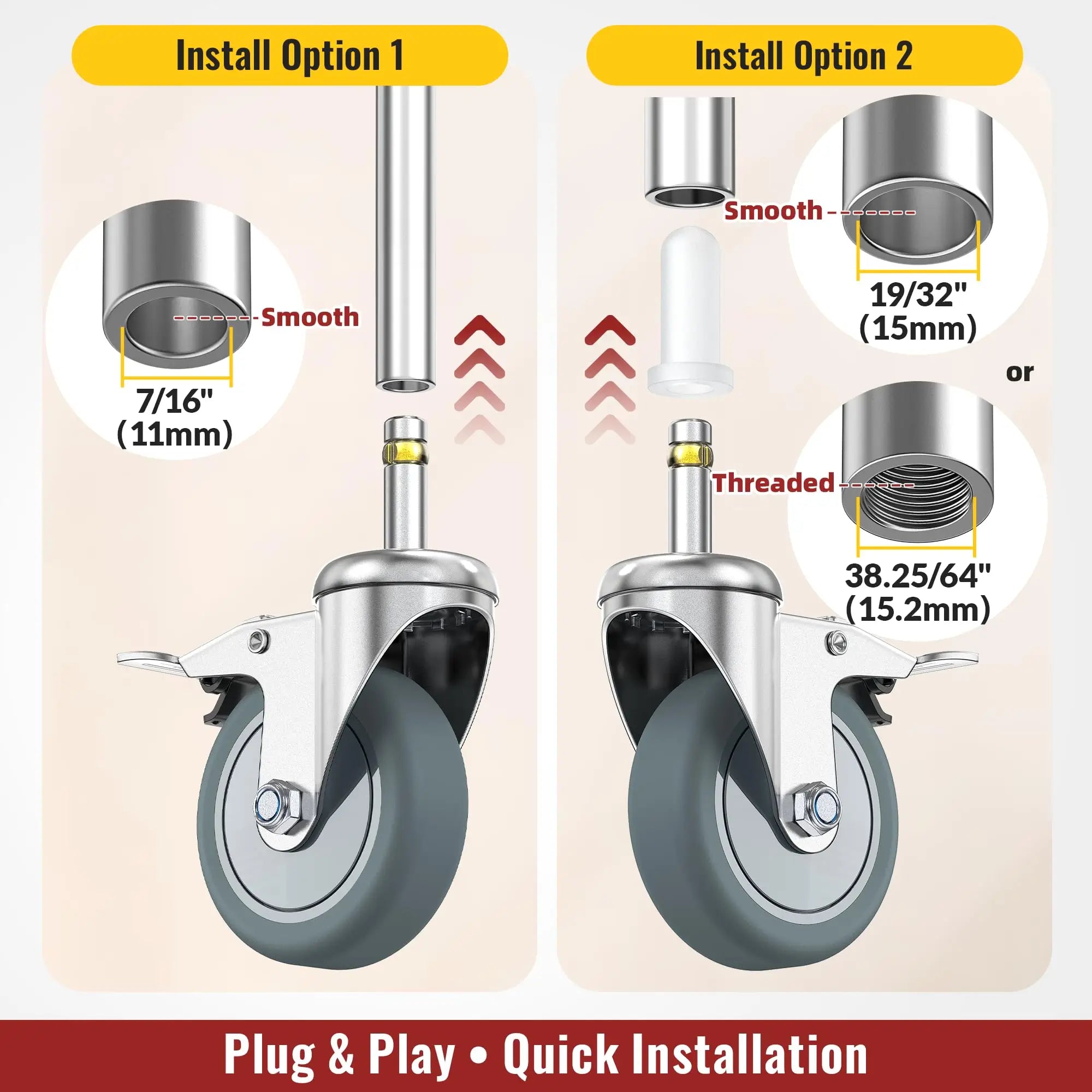 Two installation options for 3" grip ring stem caster wheels with measurements.