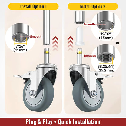 Two installation options for 3" grip ring stem caster wheels with measurements.