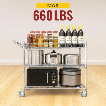 Metal kitchen cart with appliances and items on a wooden floor, featuring 660 lb capacity, 3 inch grip ring stem caster with total locking brake, set of 4.