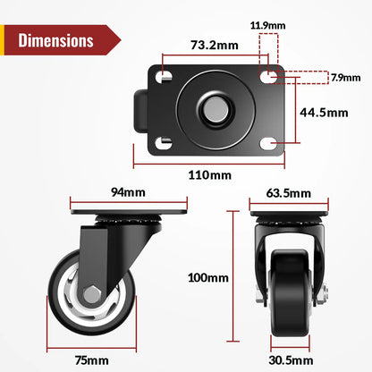 3 in Swivel Plate Casters with Dual Brake Set of 4