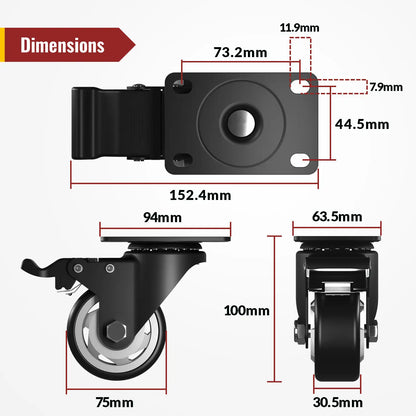 3 in Swivel Plate Casters with Dual Brake Set of 4