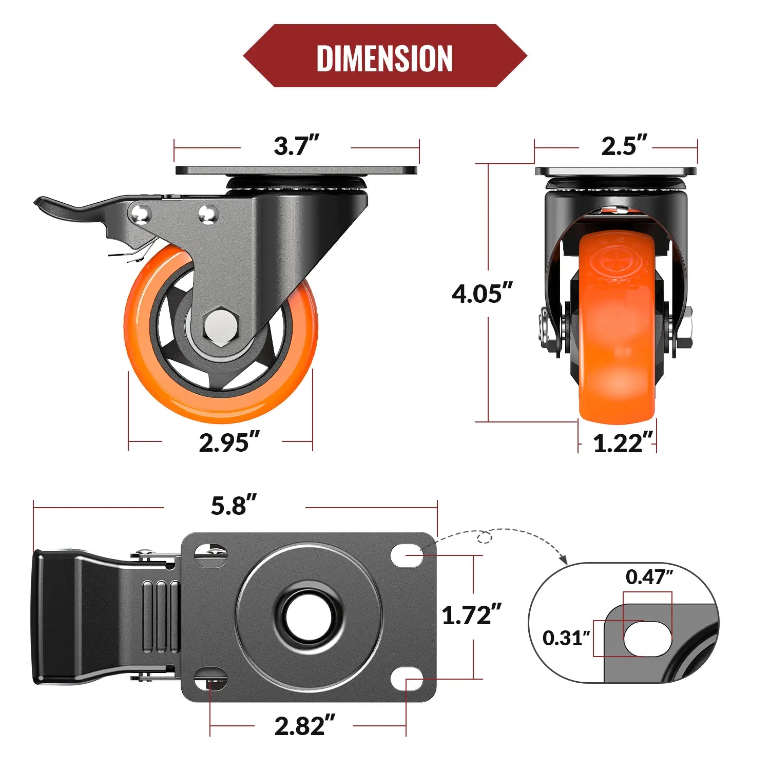 3 in Plate Casters Orange with Brake
