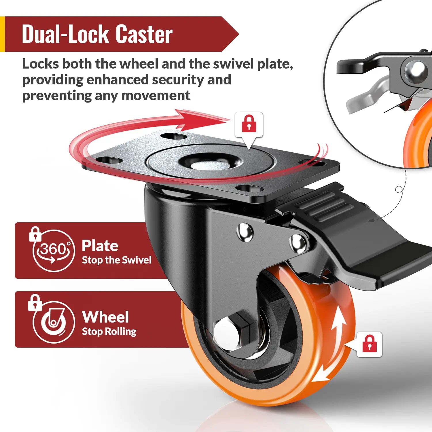 3 in Swivel Plate Casters with Dual Brake Set of 4