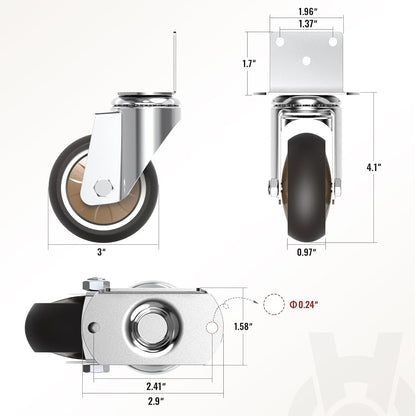 Detailed dimensions and design of a caster wheel with metal bracket