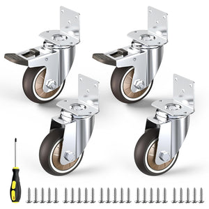 Set of four 3 inch L-shaped swivel caster wheels for furniture, two with brakes and two without, includes mounting screws and screwdriver