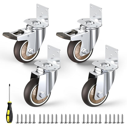 Set of four 3 inch L-shaped swivel caster wheels for furniture, two with brakes and two without, includes mounting screws and screwdriver