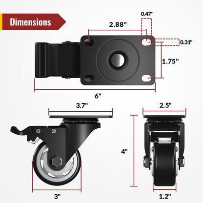 3 in Plate Casters Black with Brake