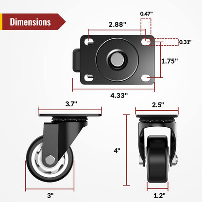 3 in Plate Casters Black without Brake