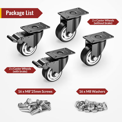 3 in Plate Casters Black (2 Brake & 2 No Brake)