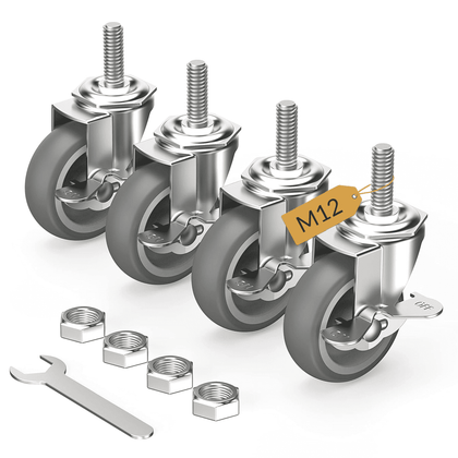 3 in Stem Casters Grey Side Brake  M12 x 1.75 x 30mm