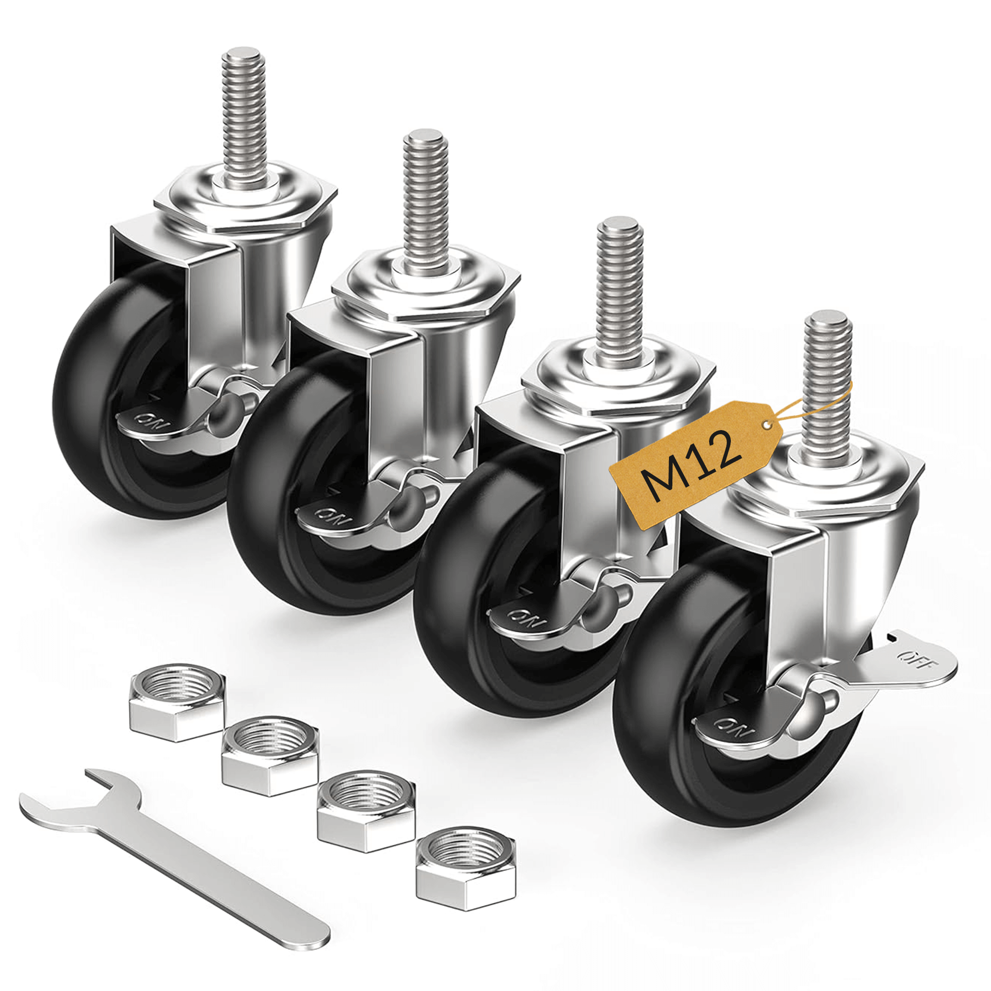 3 in Stem Casters Black Side Brake  M12 x 1.75 x 30mm