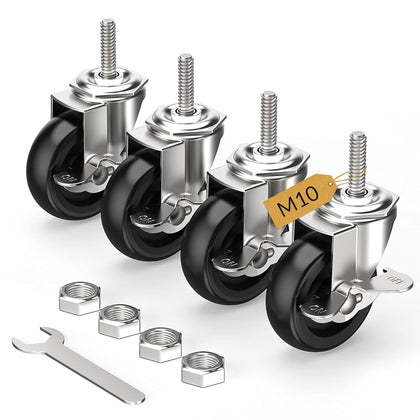 3 in Stem Casters Black Side Brake M10 x 1.5 x 30mm
