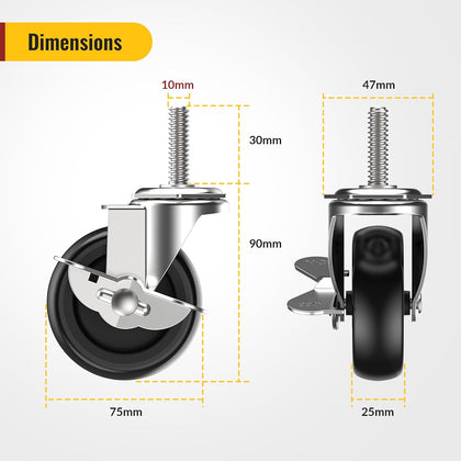 3 in Stem Casters Black Side Brake M10 x 1.5 x 30mm