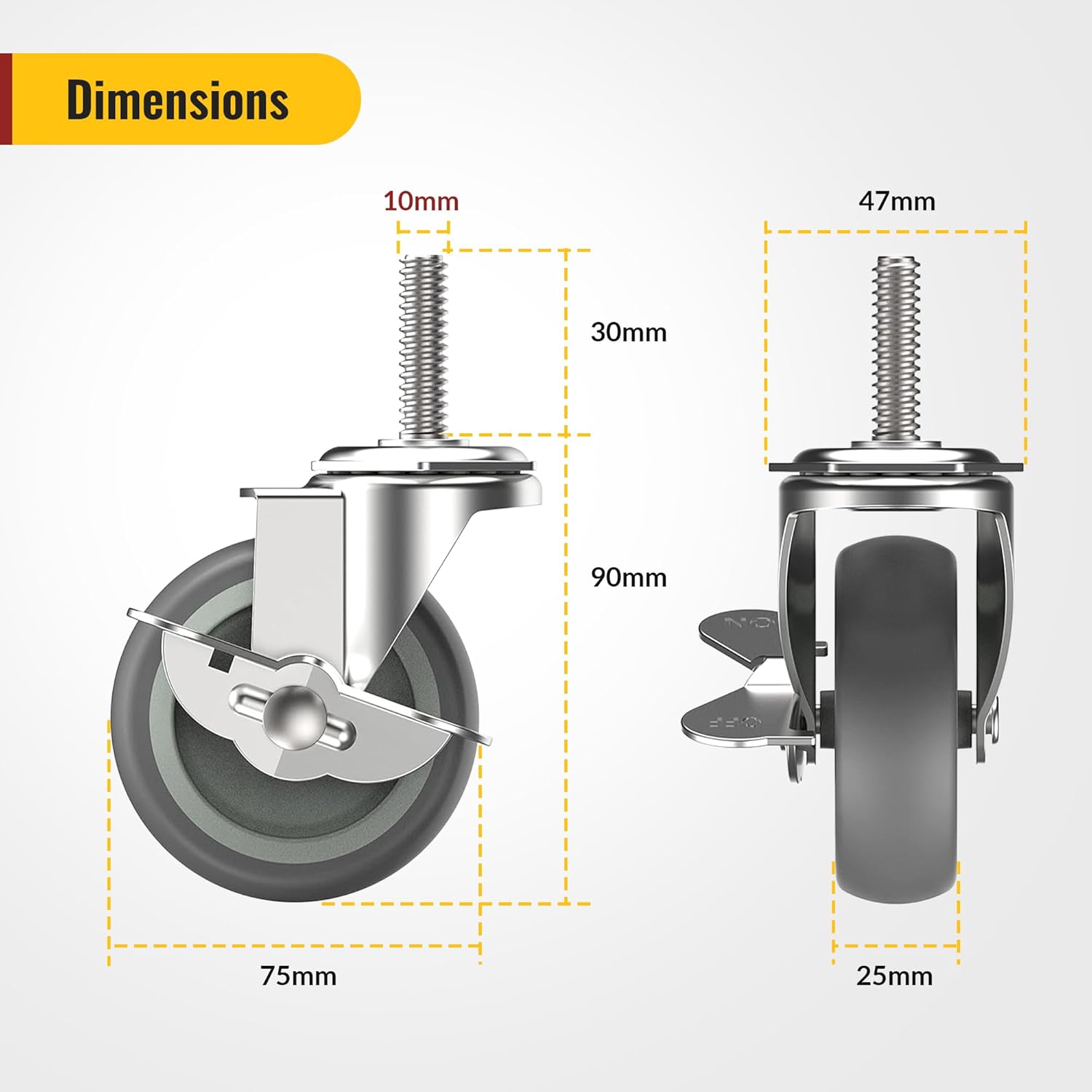 3 in Stem Casters Grey Side Brake  M10 x 1.5 x 30mm