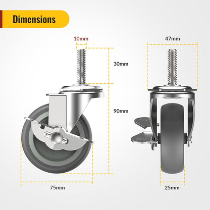 3 in Stem Casters Grey Side Brake  M10 x 1.5 x 30mm