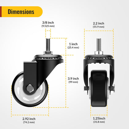 3 in Stem Casters Black without brake 3/8