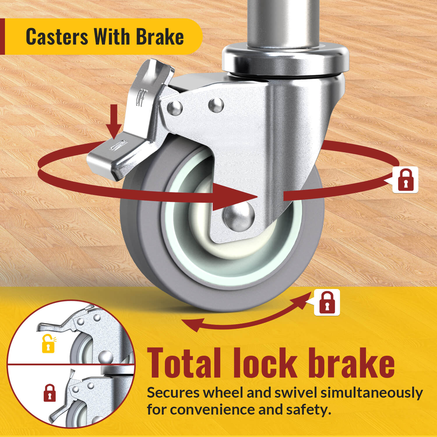 4-inch adjustable expanding stem caster with brake and swivel function - Holkie