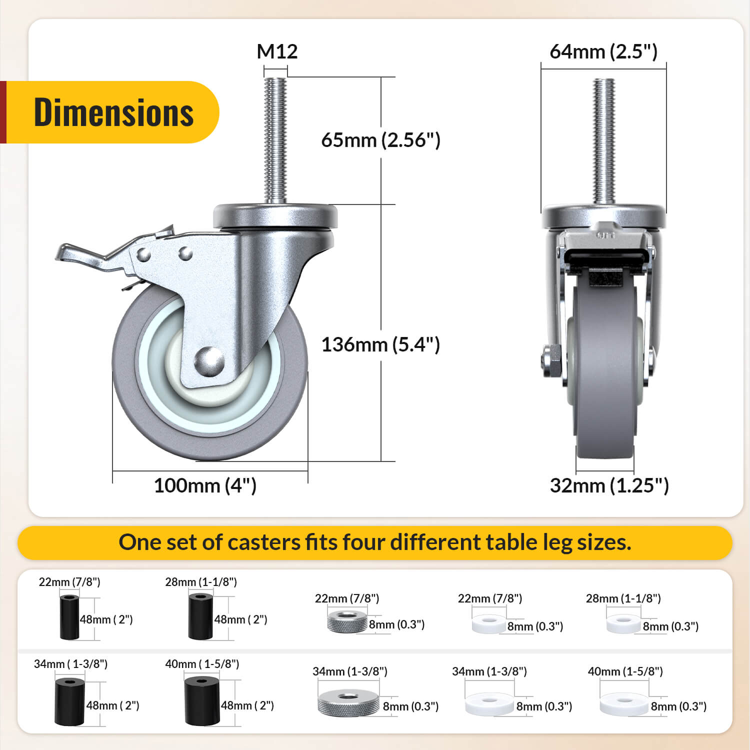 Dimensions of 4-inch adjustable expanding stem caster wheel with total brake