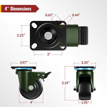Dimension of 4-inch low center of gravity caster with brake - Holkie USA