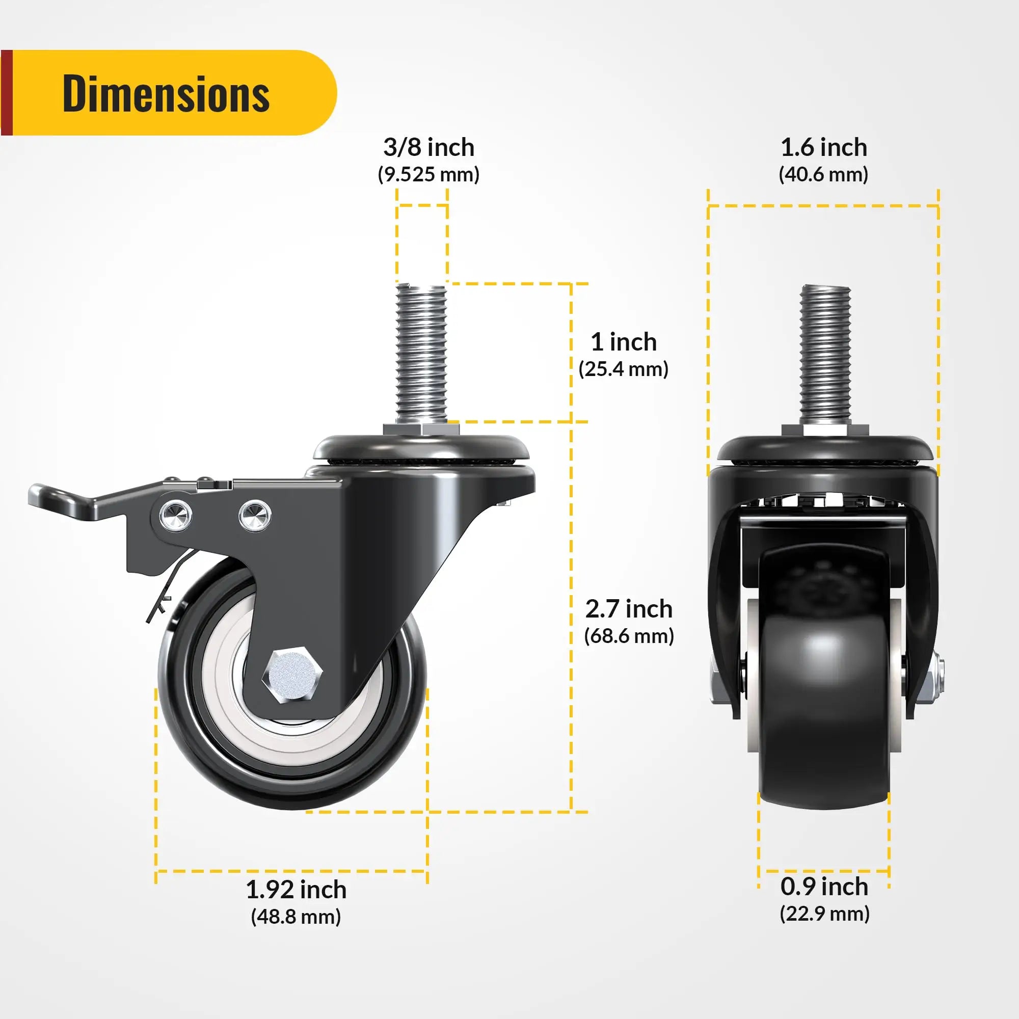 2 in Stem Casters Black Total Lock 3/8" -16 x 1"