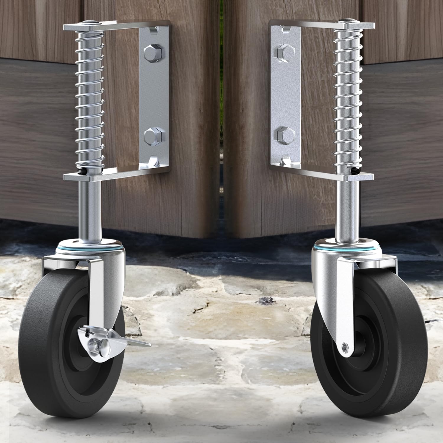 [2 Pack, Save more]4 inch gate wheel with spring loaded side brake, swivel caster support for wooden fence and metal gates - Holkie
