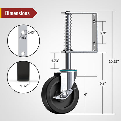 4 inch spring loaded gate caster with side brake, detailed size dimensions - Holkie