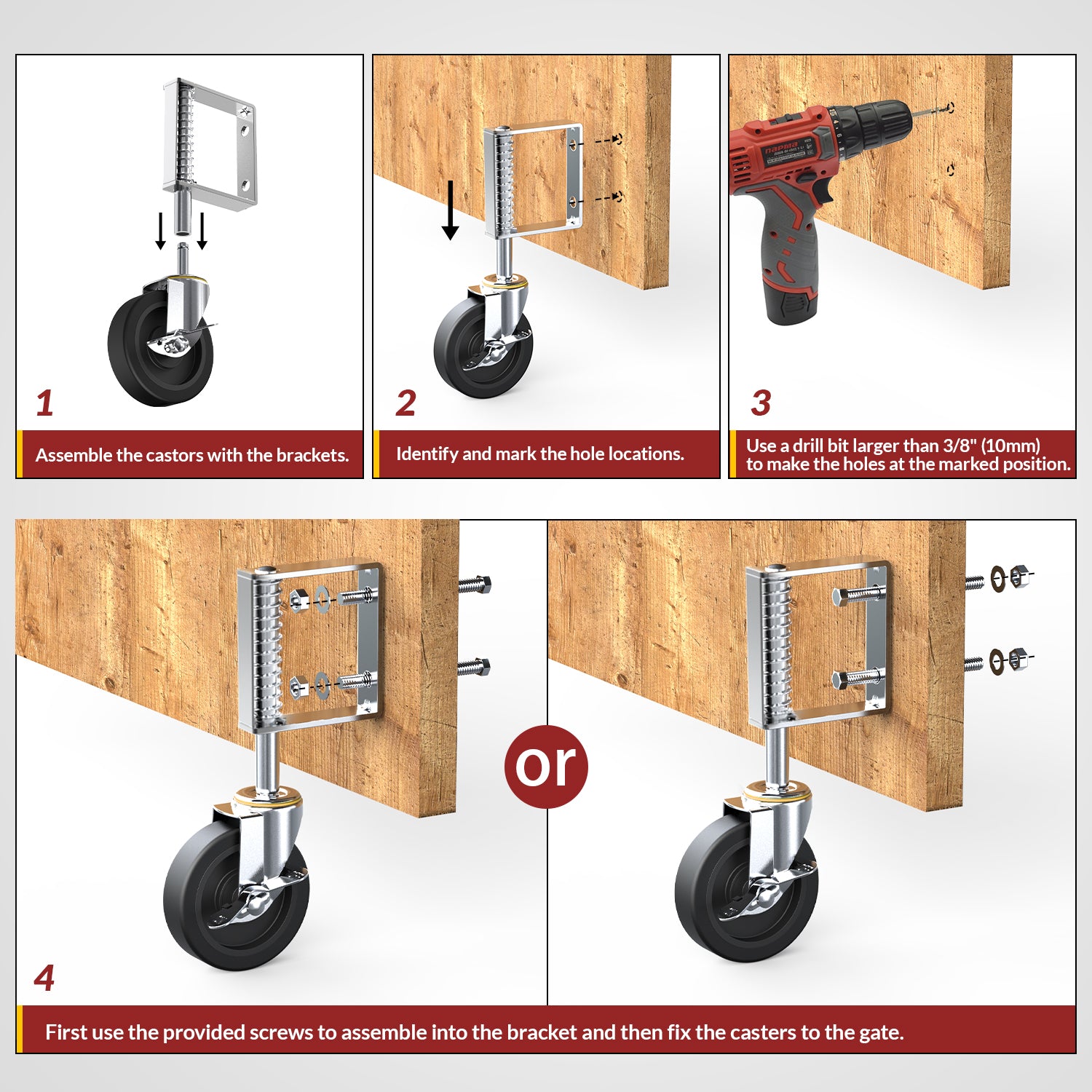 Easy installation of 4 inch gate wheel with spring loaded side brake, step by step mounting on wooden gate