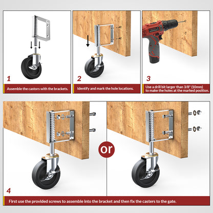 Easy installation of 4 inch gate wheel with spring loaded side brake, step by step mounting on wooden gate