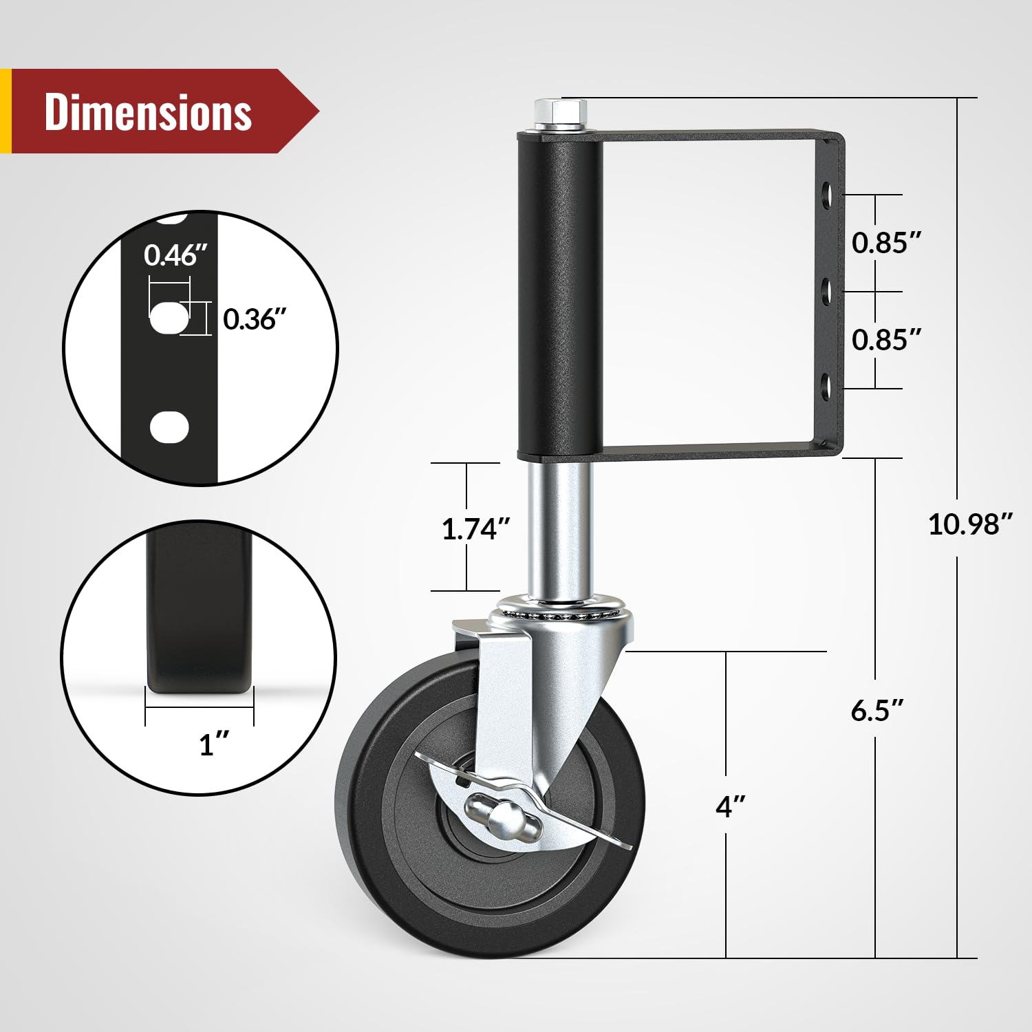 4 inch upgraded spring loaded gate caster with side brake, detailed size dimensions - Holkie