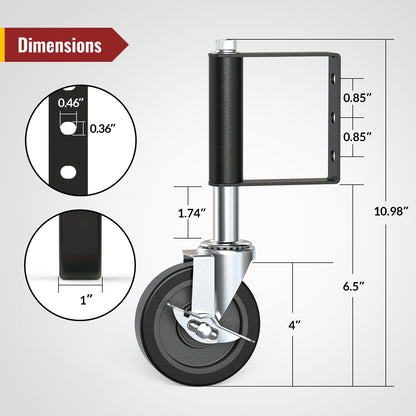 4 inch upgraded spring loaded gate caster with side brake, detailed size dimensions - Holkie