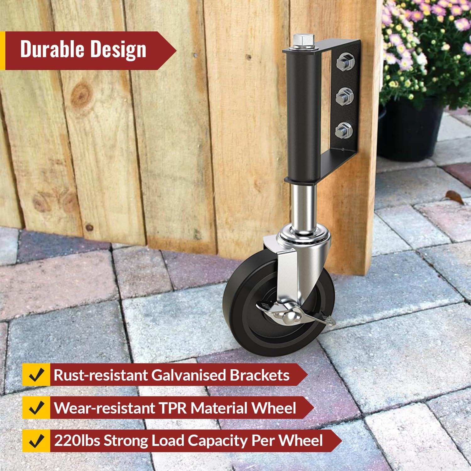 Upgraded spring loaded 4 inch gate wheel with side brake, reduces gate sag and provides smooth opening - Holkie