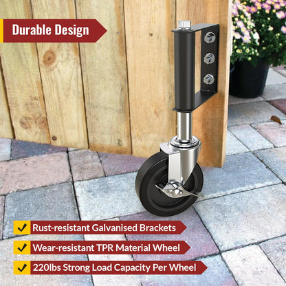 Upgraded spring loaded 4 inch gate wheel with side brake, reduces gate sag and provides smooth opening - Holkie