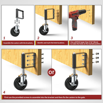 Easy installation of 4 inch gate wheel with upgraded spring loaded side brake, step by step mounting on wooden gate - Holkie