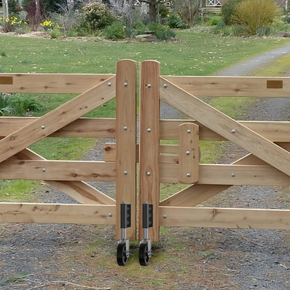 Upgraded spring loaded 4 inch gate wheel with side brake, outdoor use on garden fence, yard gate, and driveway gate
