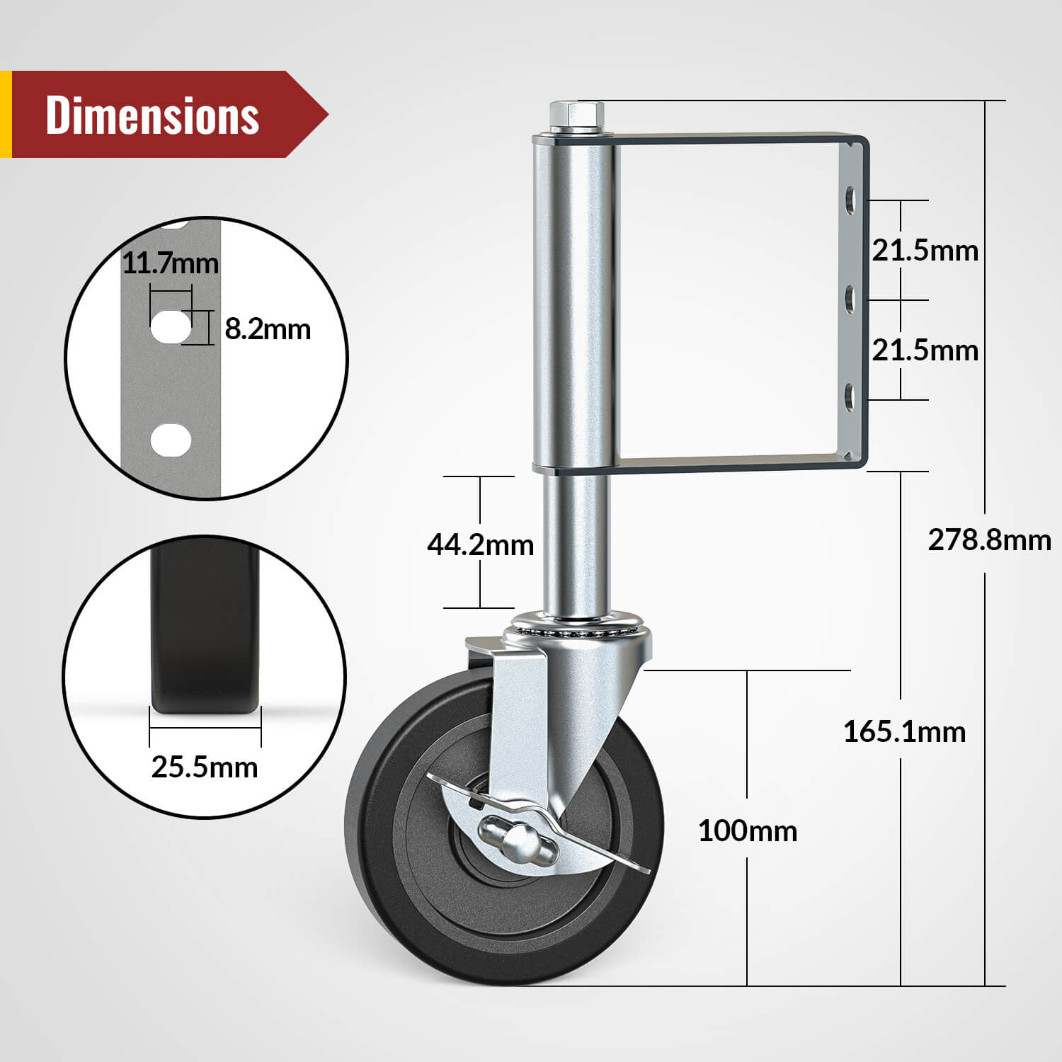 [2 Pack Save More] 4 inch upgraded spring loaded grey gate caster with side brake, detailed size dimensions - Holkie