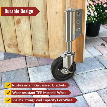 Upgraded spring loaded 4 inch grey gate wheel with side brake, reduces gate sag and provides smooth opening - Holkie