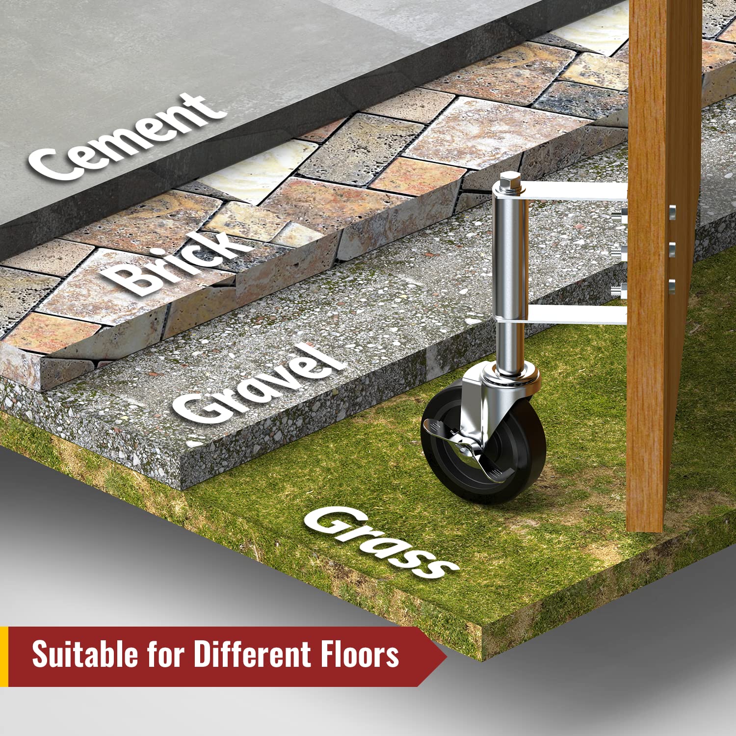 4 inch upgraded spring loaded grey gate caster with side brake, works on cement, brick, grass, and uneven surfaces - Holkie