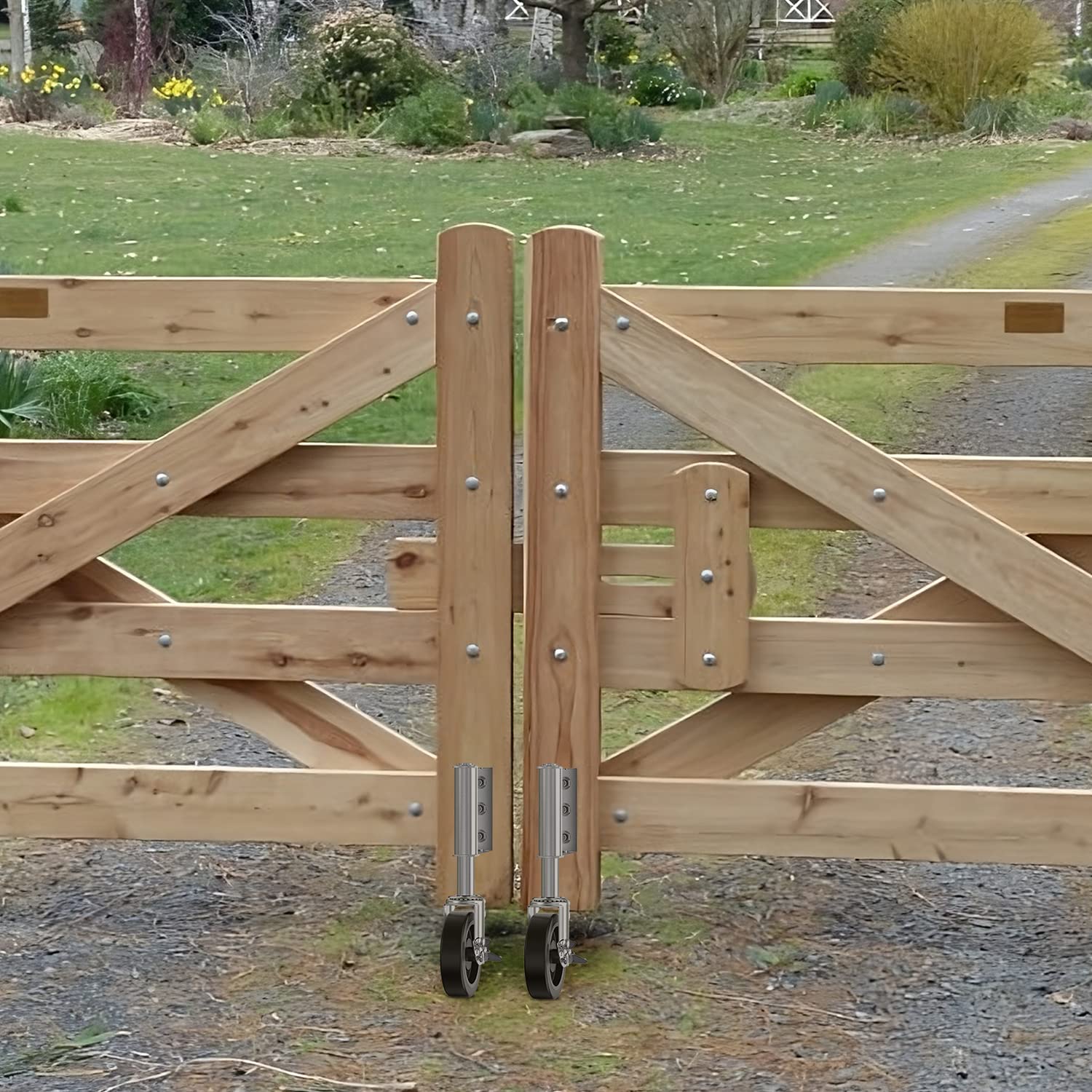 Upgraded spring loaded 4 inch grey gate wheel with side brake, outdoor use on garden fence, yard gate, and driveway gate