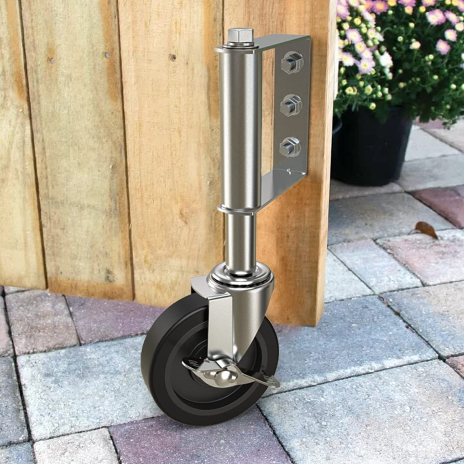 4 inch grey gate wheel with upgraded spring loaded side brake, swivel caster support for wooden fence and metal gates - Holkie