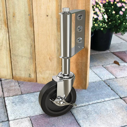 4 inch grey gate wheel with upgraded spring loaded side brake, swivel caster support for wooden fence and metal gates - Holkie