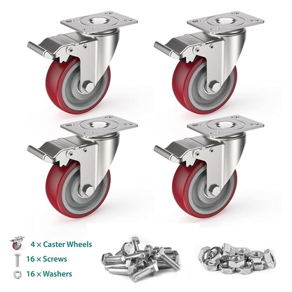 4 in Plate Casters Red with Brake