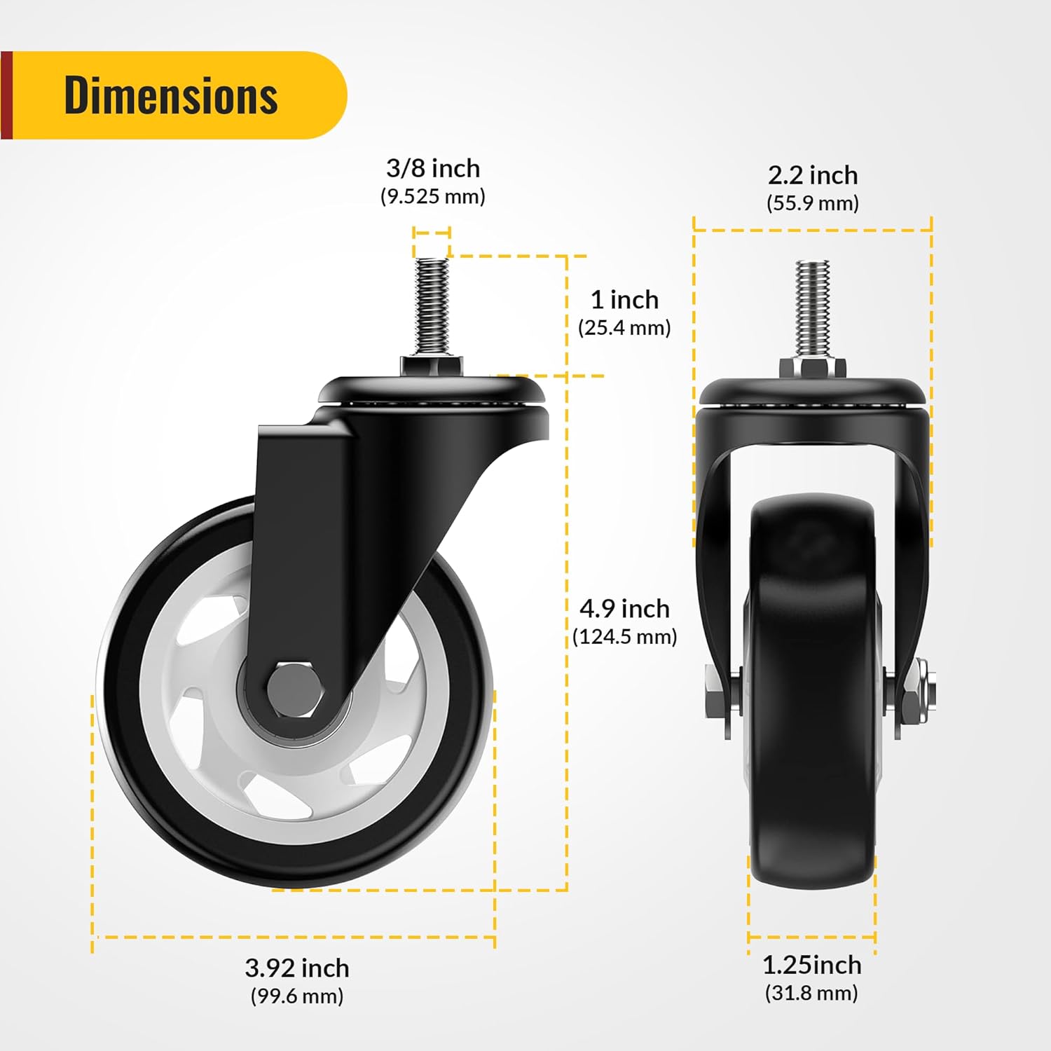 4 in Stem Casters Black without Brake 3/8" -16 x 1"