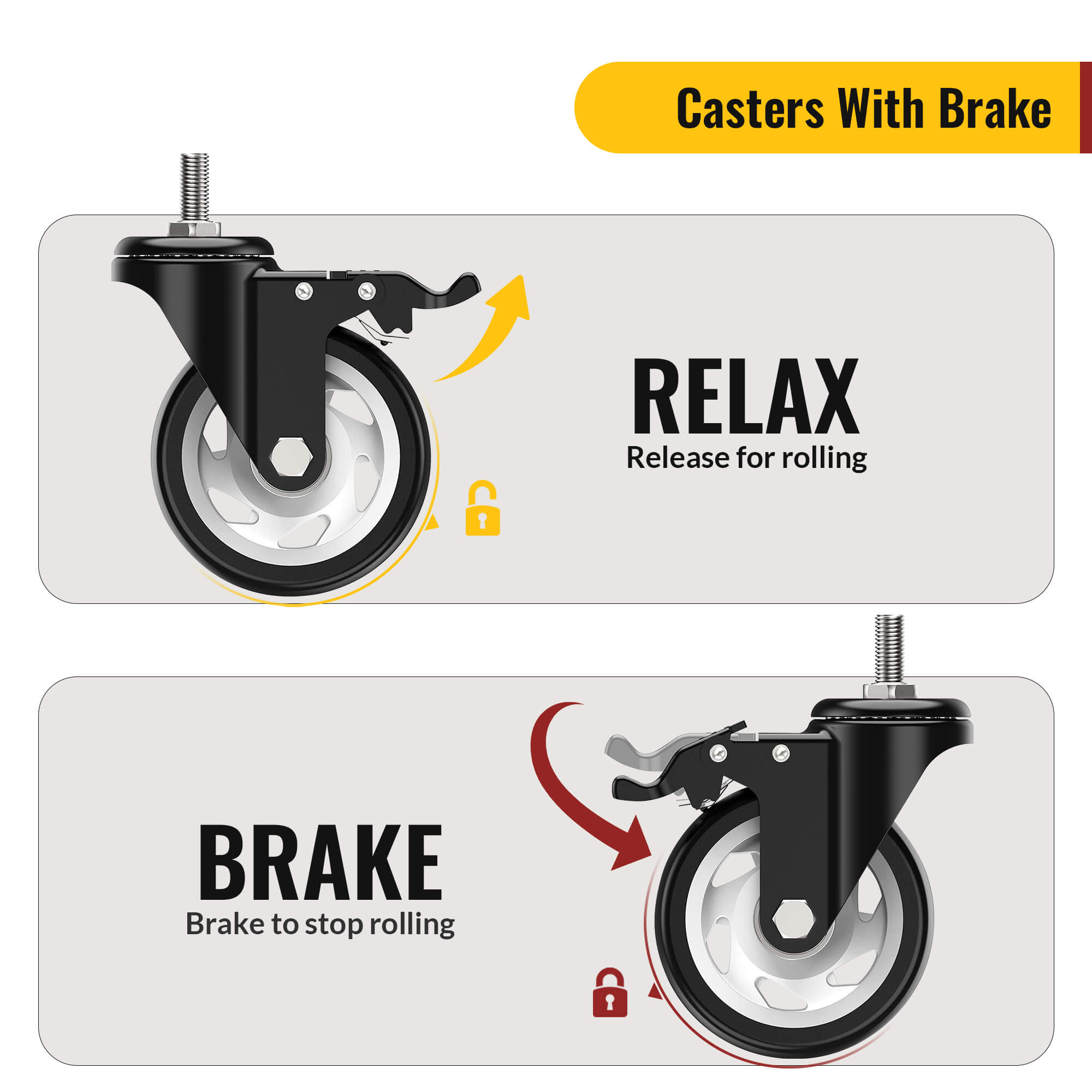 3 in Stem Caster Wheel Black Total Lock 3/8" -16 x 1"
