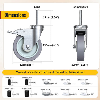 Dimensions of 5-inch adjustable expanding stem caster wheel with total brake