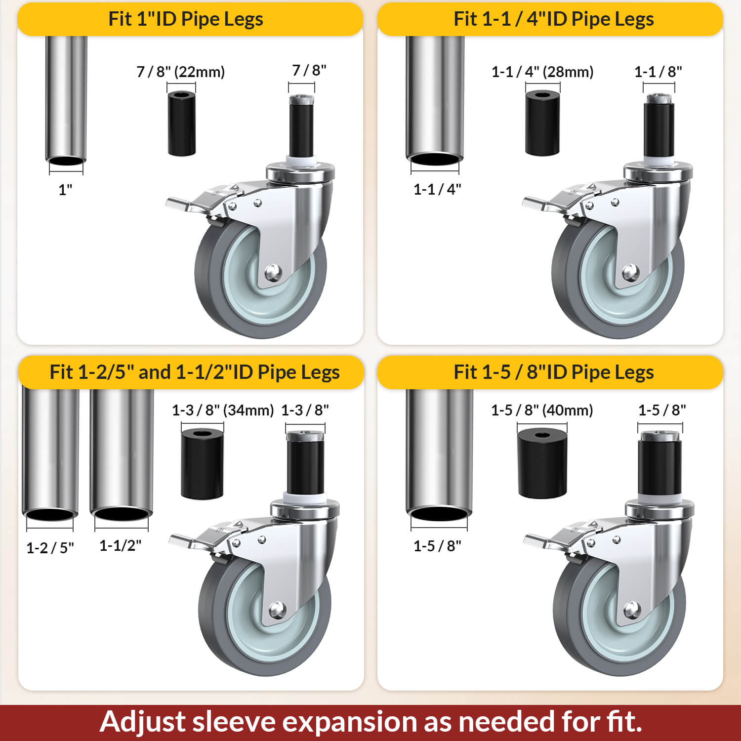Caster wheels with total lock for different pipe leg sizes: 1-inch, 1-1/4-inch, 1-2/5-inch, and 1-5/8-inch pipe legs with adjustable fit - Holkie
